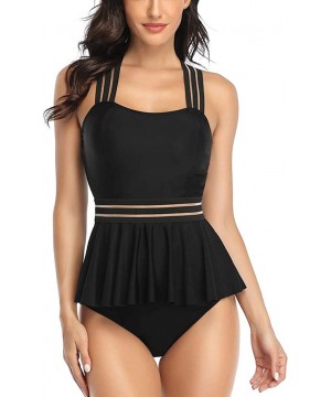 Womens Bathing Suits Tummy Control Two Piece Mesh Tankini Swimsuits Ruffled Swimwear - Black-03 - C3194C8L99O $31.99-One-Pieces