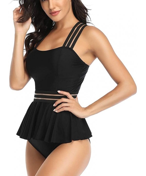 Womens Bathing Suits Tummy Control Two Piece Mesh Tankini Swimsuits Ruffled Swimwear - Black-03 - C3194C8L99O $31.99-One-Pieces