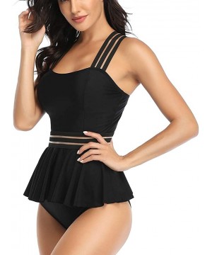 Womens Bathing Suits Tummy Control Two Piece Mesh Tankini Swimsuits Ruffled Swimwear - Black-03 - C3194C8L99O $31.99-One-Pieces