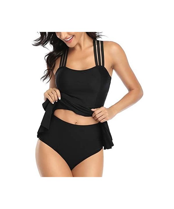 Womens Bathing Suits Tummy Control Two Piece Mesh Tankini Swimsuits Ruffled Swimwear - Black-03 - C3194C8L99O $31.99-One-Pieces