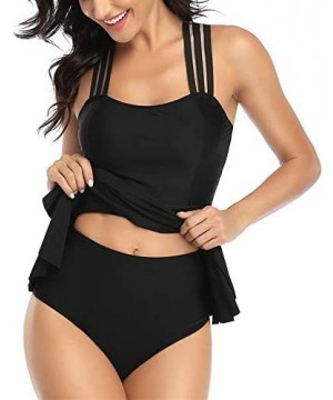 Womens Bathing Suits Tummy Control Two Piece Mesh Tankini Swimsuits Ruffled Swimwear - Black-03 - C3194C8L99O $31.99-One-Pieces