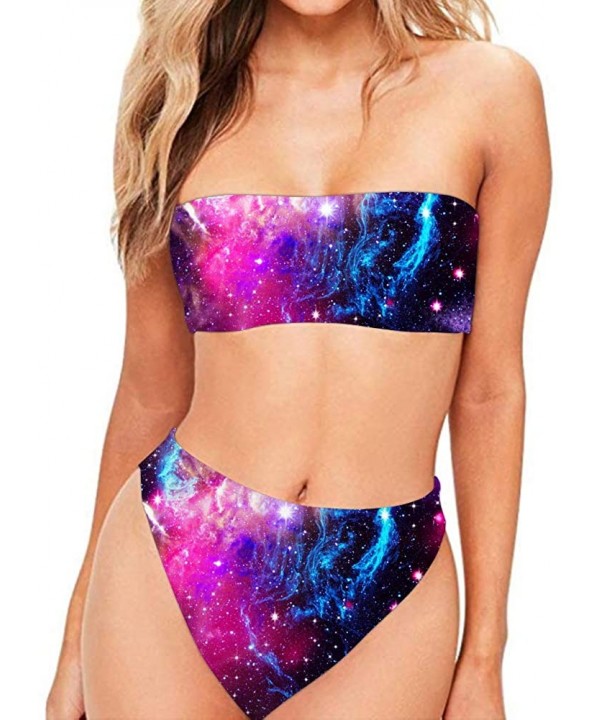 Hawaii Women's 2 Pieces High Cut Bandeau Bikini Strapless High Waist Swimsuits - Galaxy - C718R0LT86O $27.55-Sets