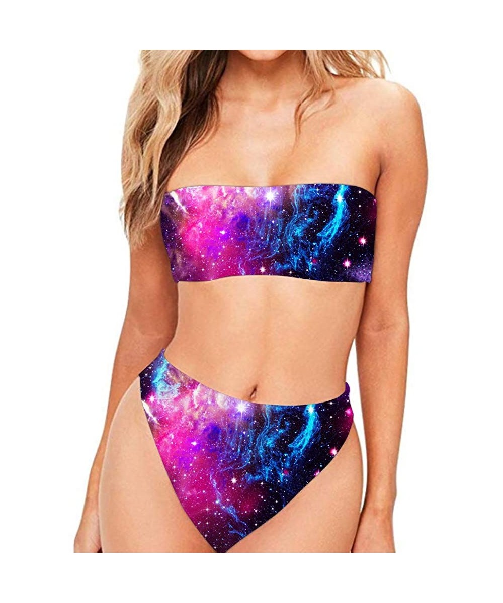 Hawaii Women's 2 Pieces High Cut Bandeau Bikini Strapless High Waist Swimsuits - Galaxy - C718R0LT86O $27.55-Sets