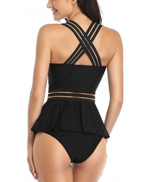 Womens Bathing Suits Tummy Control Two Piece Mesh Tankini Swimsuits Ruffled Swimwear - Black-03 - C3194C8L99O $31.99-One-Pieces