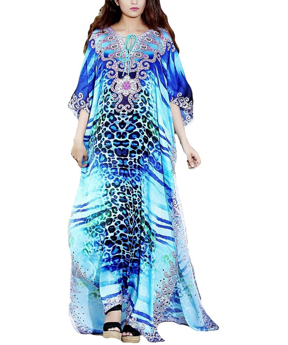 Women Loose Kaftan Swimsuit Cover Up Beach Long Casual Caftan Dress - Blue Print 1 - CK18QWG93WY $22.15-Cover-Ups