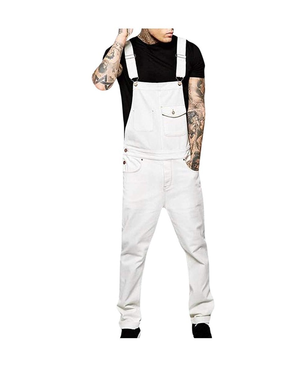 Men's Denim Bib Overalls Fashion Button Skinny Jeans Slim Long Jumpsuit Pants with Pockets - White - CO18AXAYRDR $31.87-Board...