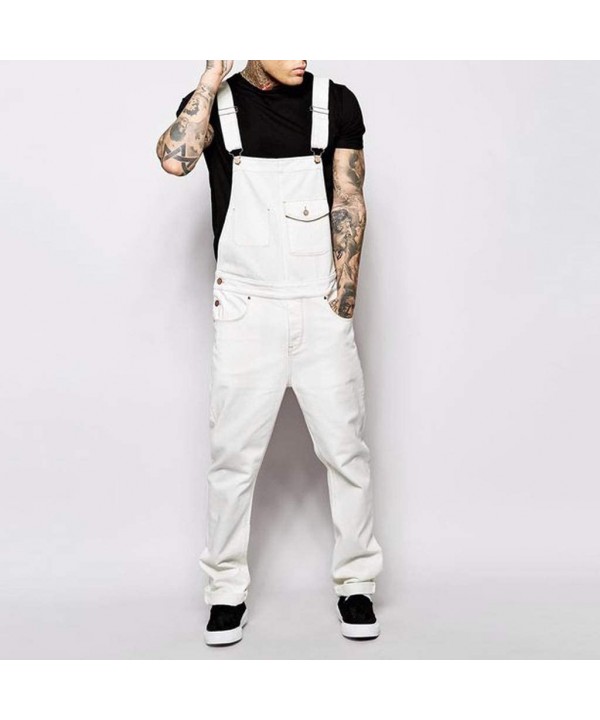 Men's Denim Bib Overalls Fashion Button Skinny Jeans Slim Long Jumpsuit Pants with Pockets - White - CO18AXAYRDR $31.87-Board...