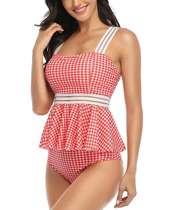 Women's Tummy Control Swimwear Tankini Set Ruffled Swimsuit Swimdress Two Piece Bathing Suit - Red Grid - CF194LMAD9W $19.16-...