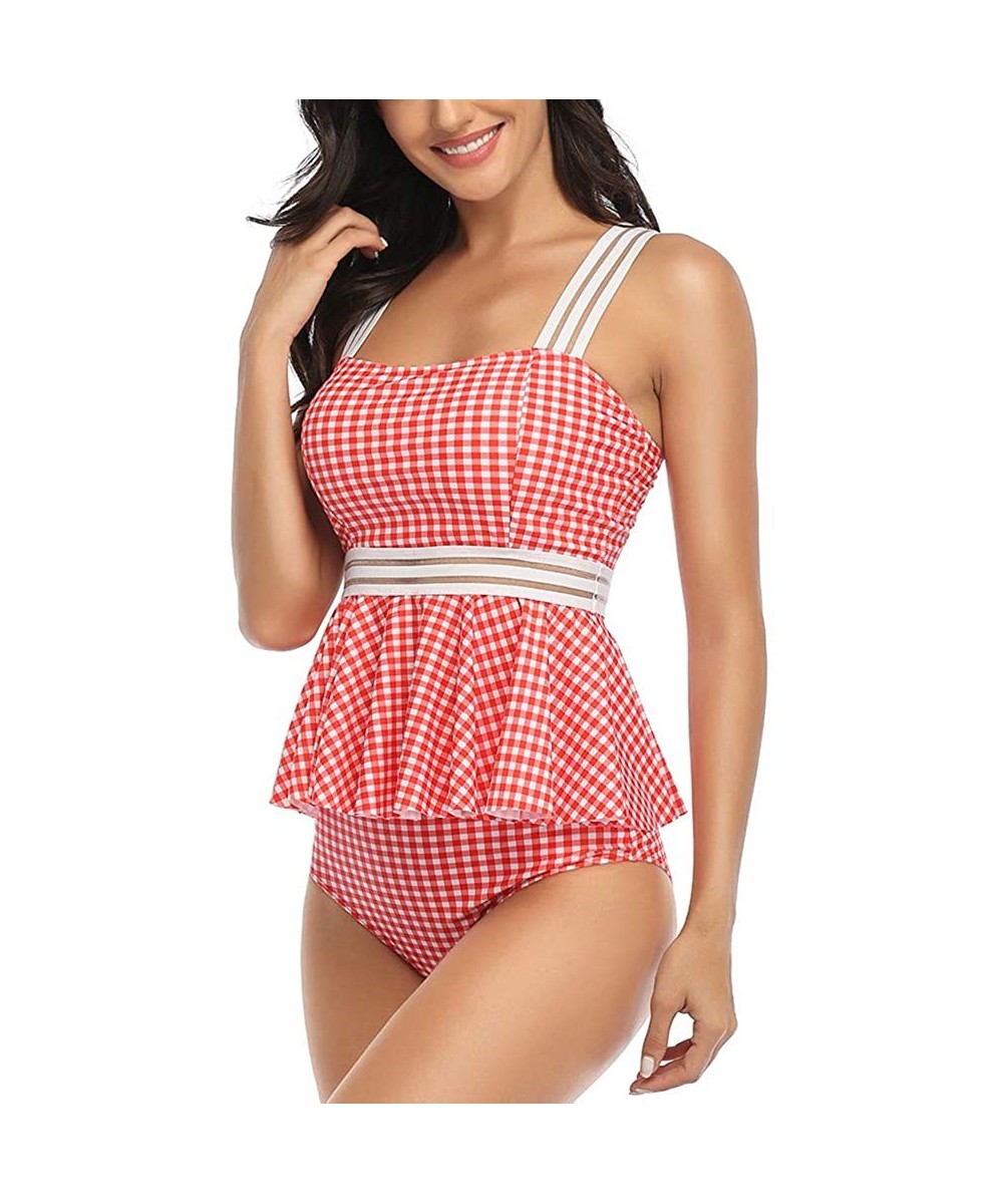 Women's Tummy Control Swimwear Tankini Set Ruffled Swimsuit Swimdress Two Piece Bathing Suit - Red Grid - CF194LMAD9W $19.16-...