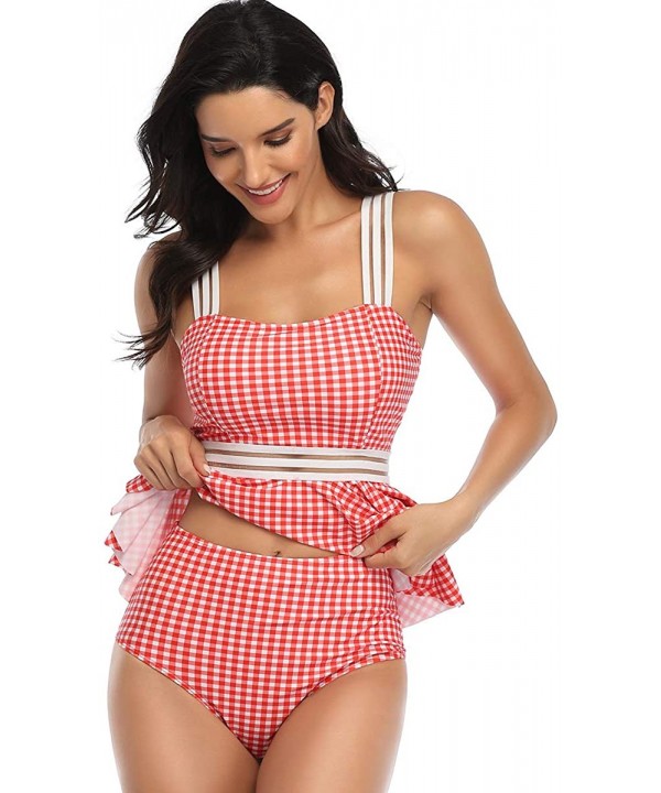 Women's Tummy Control Swimwear Tankini Set Ruffled Swimsuit Swimdress Two Piece Bathing Suit - Red Grid - CF194LMAD9W $19.16-...