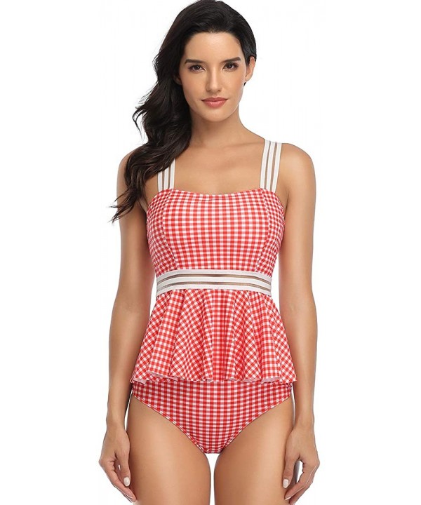 Women's Tummy Control Swimwear Tankini Set Ruffled Swimsuit Swimdress Two Piece Bathing Suit - Red Grid - CF194LMAD9W $19.16-...