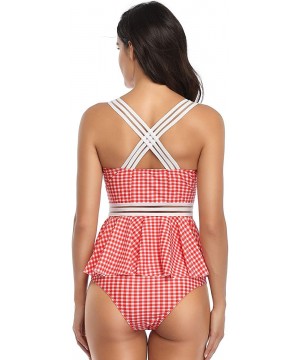 Women's Tummy Control Swimwear Tankini Set Ruffled Swimsuit Swimdress Two Piece Bathing Suit - Red Grid - CF194LMAD9W $19.16-...