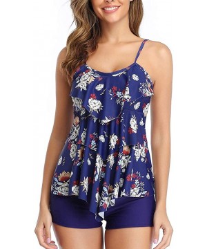 Women's Tankini Set Ruffle Tummy Control Swimsuits Top Shorts Bathsuit - Black Floral - CU196IOQW4K $12.89-Tops