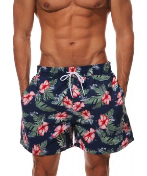 Mens Quick-Dry Swim Trunks Mesh Lined Printed Boardshorts with Pockets - Floral/Dark Blue - CN18R0M84KY $13.47-Briefs