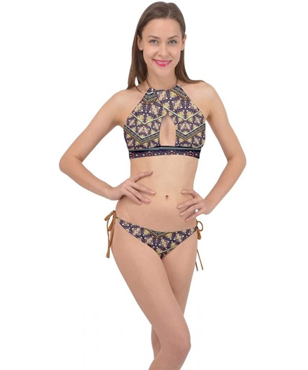 Womens Bathing Suit Vintage Aztec Indigo Floral Cross Front Halter Bikini Set- XS-3XL - Dark Purple - C918TI4D73N $27.35-Sets