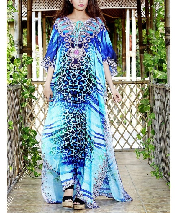 Women Loose Kaftan Swimsuit Cover Up Beach Long Casual Caftan Dress - Blue Print 1 - CK18QWG93WY $22.15-Cover-Ups