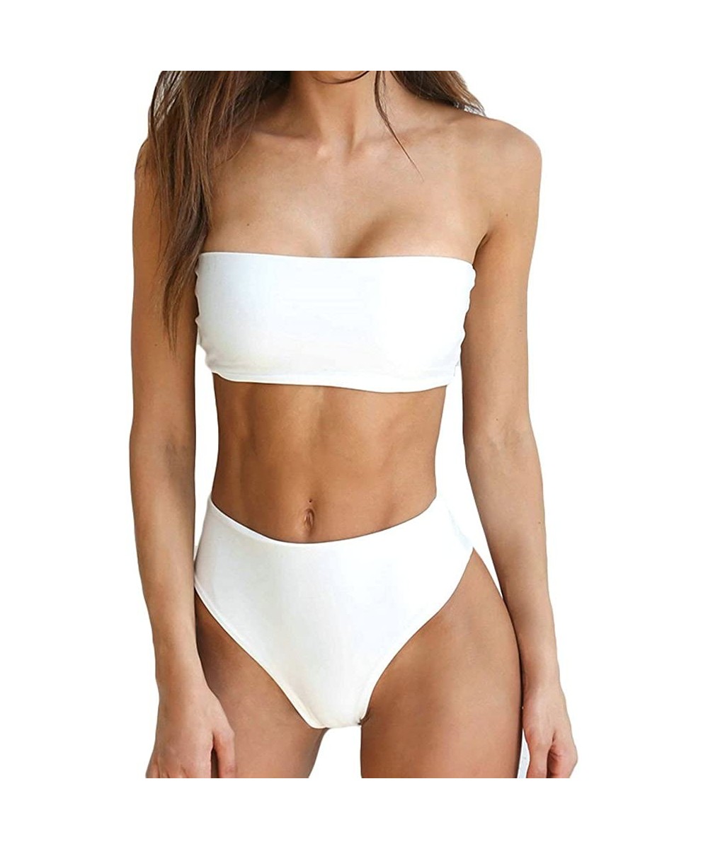 Women's Stripe Strapless Ribbed Lace Up High Cut Two Piece Bandeau Bikini Set - White-1 - CX18E9NR3SQ $15.26-Sets