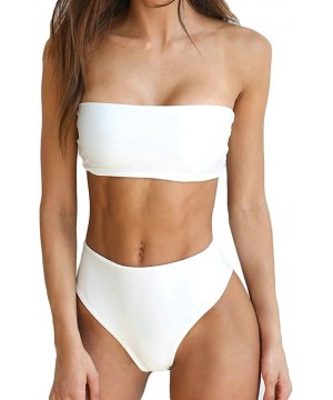 Women's Stripe Strapless Ribbed Lace Up High Cut Two Piece Bandeau Bikini Set - White-1 - CX18E9NR3SQ $15.26-Sets