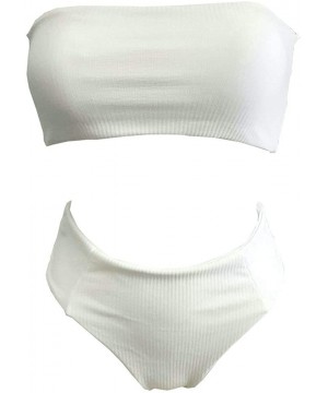 Women's Stripe Strapless Ribbed Lace Up High Cut Two Piece Bandeau Bikini Set - White-1 - CX18E9NR3SQ $15.26-Sets