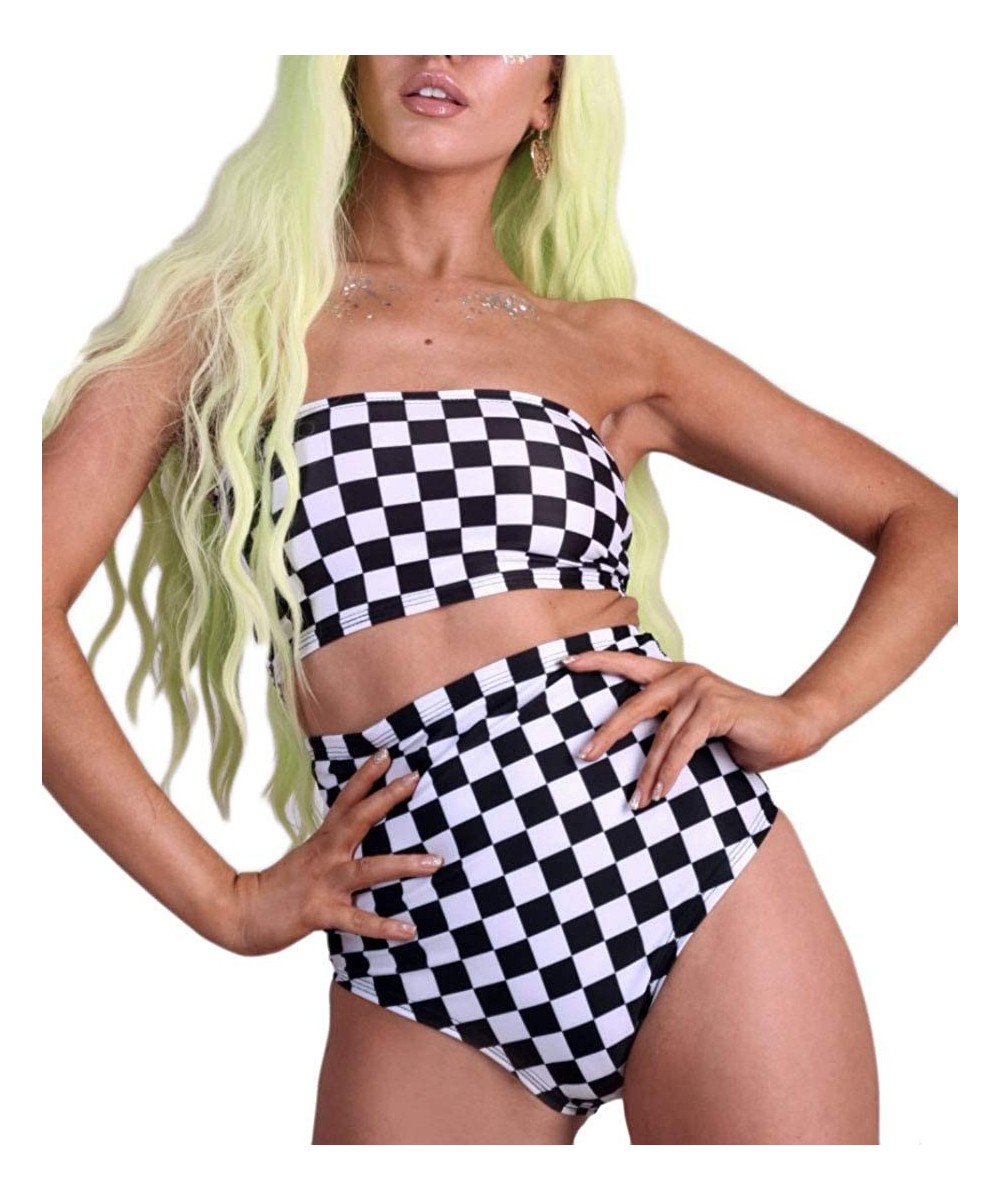 Women's Rave High Waisted Checkered Booty Shorts Bottoms Checkboard Bikini for Music Festivals DEM - CS193UOG52K $15.28-Bottoms