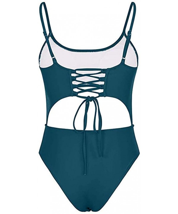 Womens Sexy Scoop Neck Cut Out Front Lace Up Back High Cut Monokini Padded One Piece Swimsuit - Navy - CP18T0TR09R $11.00-One...