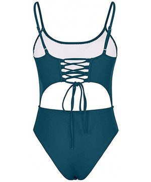 Womens Sexy Scoop Neck Cut Out Front Lace Up Back High Cut Monokini Padded One Piece Swimsuit - Navy - CP18T0TR09R $11.00-One...