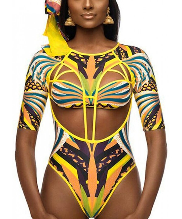 Women Tribal Print Half Sleeve Rash Guard UV Sun Protection Swimsuit Cutout One Piece Slim Monokini Swimwear Yellow - CK194DO...