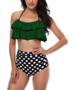 Womens Retro Halter Bikini Sets Ruffle Crop High Waist 2 Piece Printed Swimsuits Swimwear - Green1 - C019329AYTI $8.33-Sets