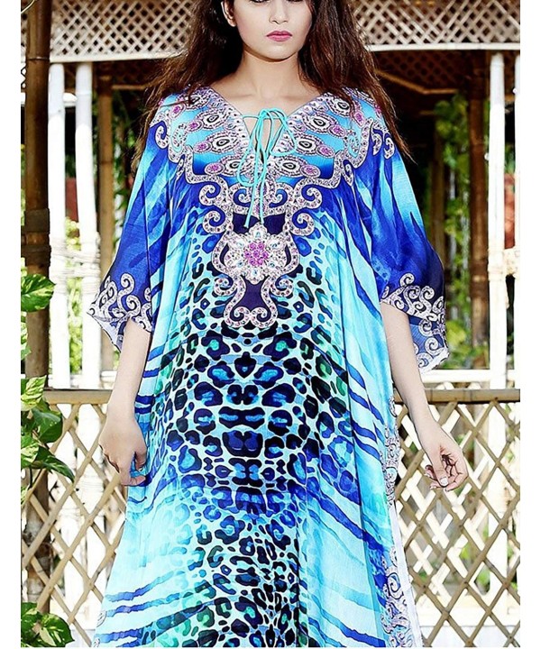 Women Loose Kaftan Swimsuit Cover Up Beach Long Casual Caftan Dress - Blue Print 1 - CK18QWG93WY $22.15-Cover-Ups