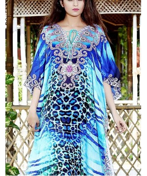 Women Loose Kaftan Swimsuit Cover Up Beach Long Casual Caftan Dress - Blue Print 1 - CK18QWG93WY $22.15-Cover-Ups