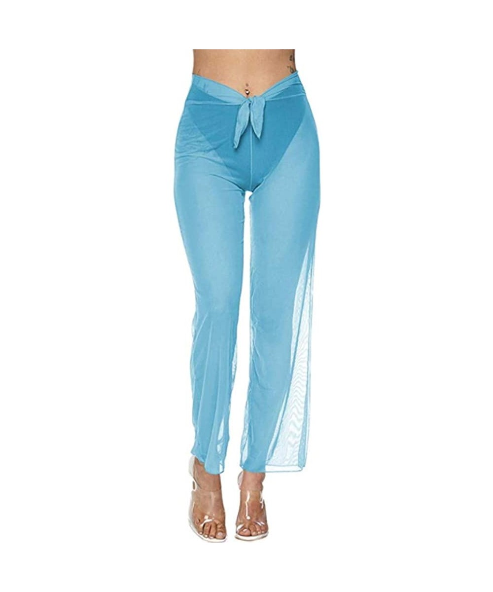 Women Sexy Perspective Ruffle Mesh Sheer Swim Pants Bikini Bottom Cover Up - Blue - CO18OMT20UM $13.14-Cover-Ups