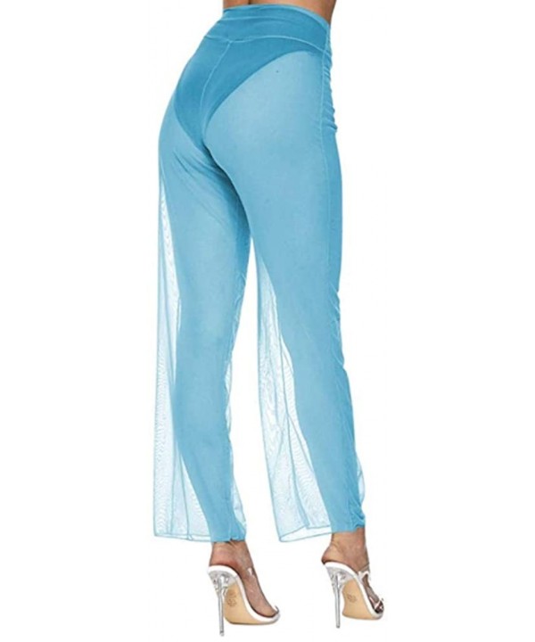 Women Sexy Perspective Ruffle Mesh Sheer Swim Pants Bikini Bottom Cover Up - Blue - CO18OMT20UM $13.14-Cover-Ups