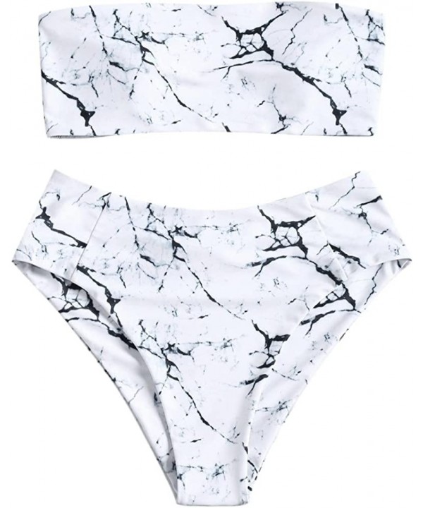 Two Pieces Swimsuit Women's High Waisted Strapless Marble Bandeau Bikini Sets Bathing Suits - White - CZ18E43MO8C $15.12-Sets