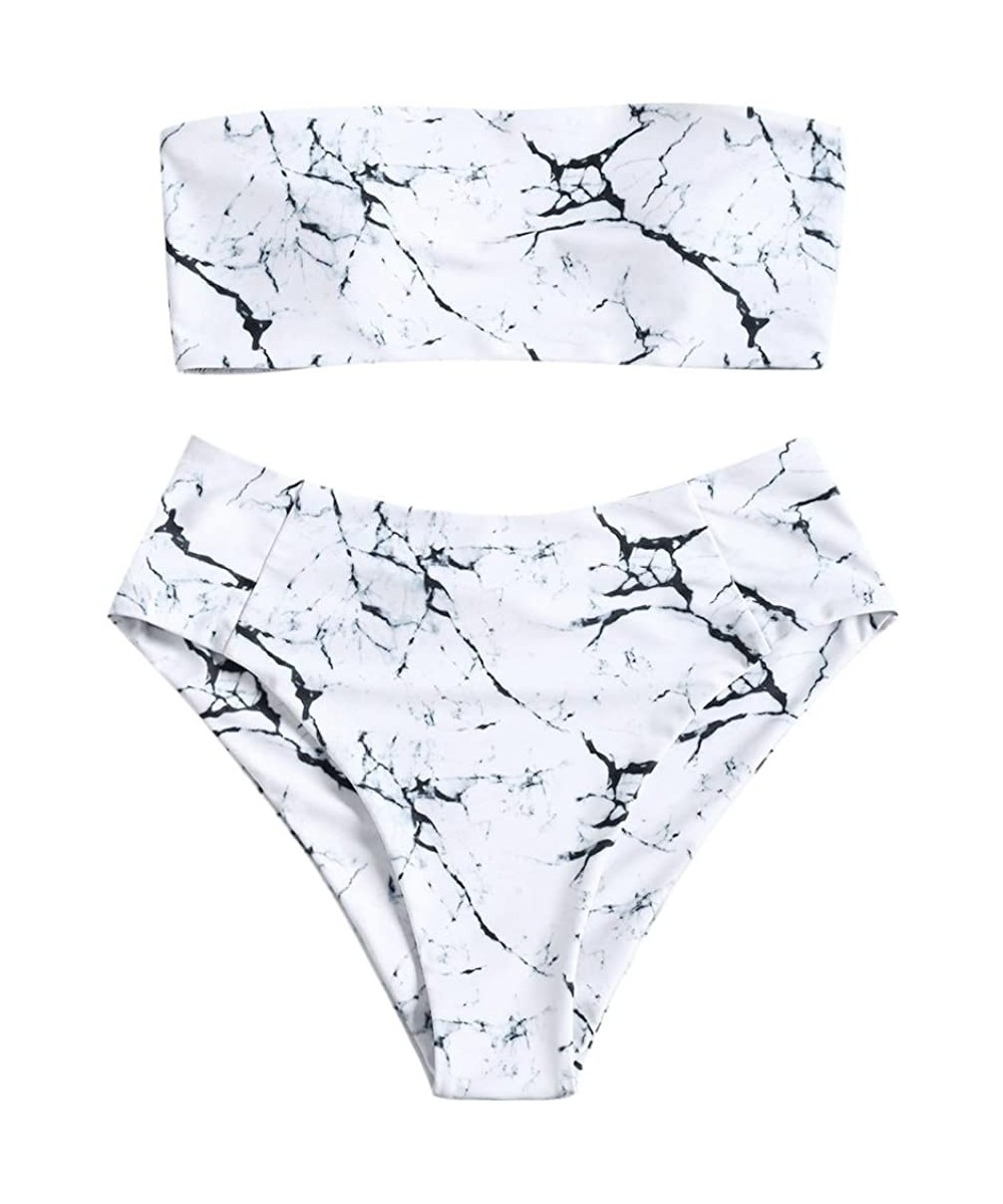 Two Pieces Swimsuit Women's High Waisted Strapless Marble Bandeau Bikini Sets Bathing Suits - White - CZ18E43MO8C $15.12-Sets