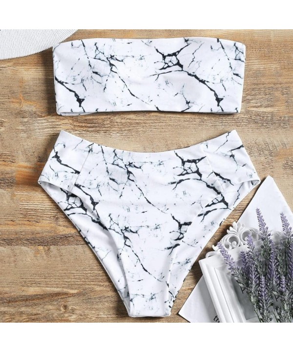 Two Pieces Swimsuit Women's High Waisted Strapless Marble Bandeau Bikini Sets Bathing Suits - White - CZ18E43MO8C $15.12-Sets