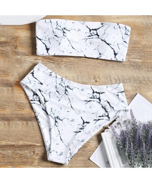 Two Pieces Swimsuit Women's High Waisted Strapless Marble Bandeau Bikini Sets Bathing Suits - White - CZ18E43MO8C $15.12-Sets