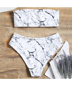 Two Pieces Swimsuit Women's High Waisted Strapless Marble Bandeau Bikini Sets Bathing Suits - White - CZ18E43MO8C $15.12-Sets