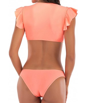 Women Ruffle Crop Cheeky Bikini Set Flounce Falbala Knot 2 Piece Swimsuit - C-peach Pink - CN195W247OO $24.51-Sets