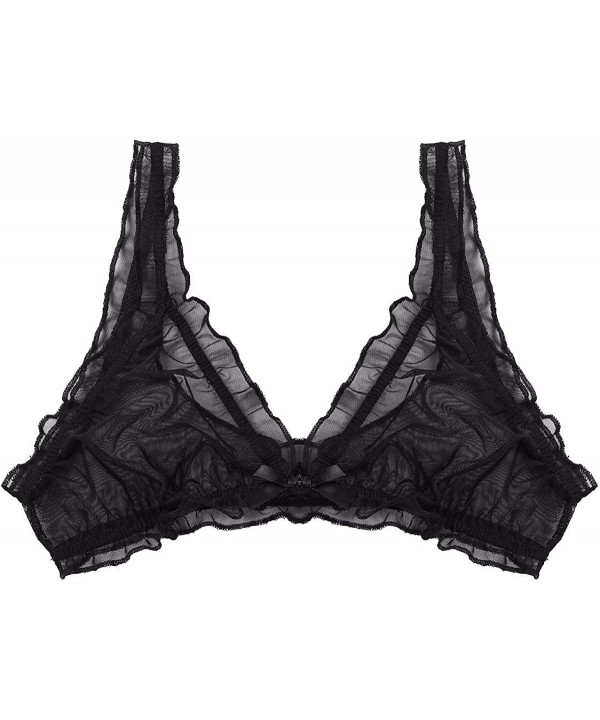 Womens Sheer Mesh See Through Triangle Bralette Frilly Lace Bikini Wire-Free Unlined Bra Top - Black - CH18UC93G4Y $19.33-Tops