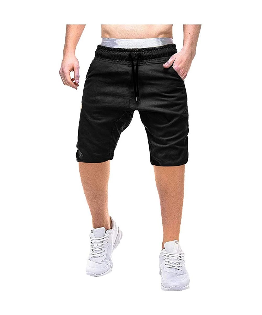 Men's Shorts Casual Elastic Waist 3/4 Workout Jogger Capri Pants with Drawstring - Blackd - CO18ZDC29ES $17.86-Board Shorts