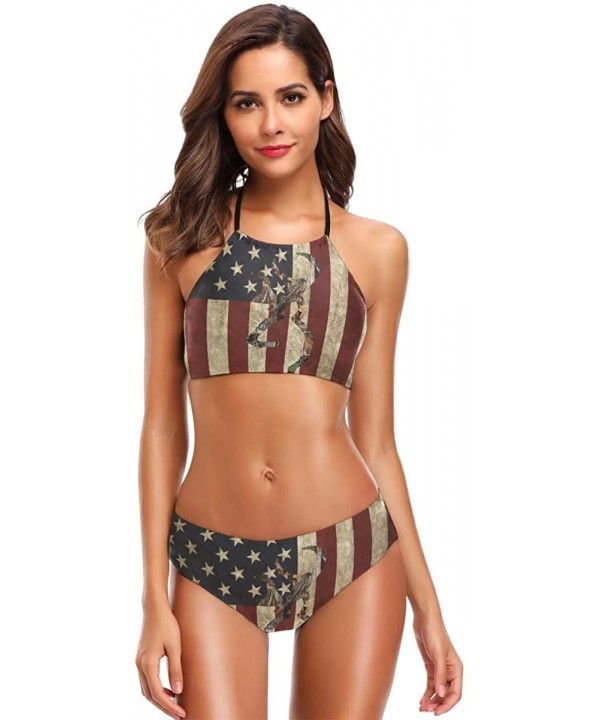 Black and White Damask Pattern Women's Sexy Bikini Bathing Suits Set Swimwear Beachwear - Browning Deer Camo American Flag - ...