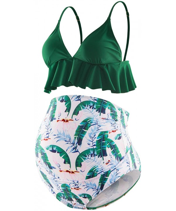 Maternity Two Pieces Bikini Set High Waisted Swimsuit Ruffle Summer Swimwear - Green Floral - CO194MTZOLR $29.52-Sets