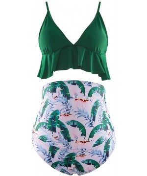 Maternity Two Pieces Bikini Set High Waisted Swimsuit Ruffle Summer Swimwear - Green Floral - CO194MTZOLR $29.52-Sets