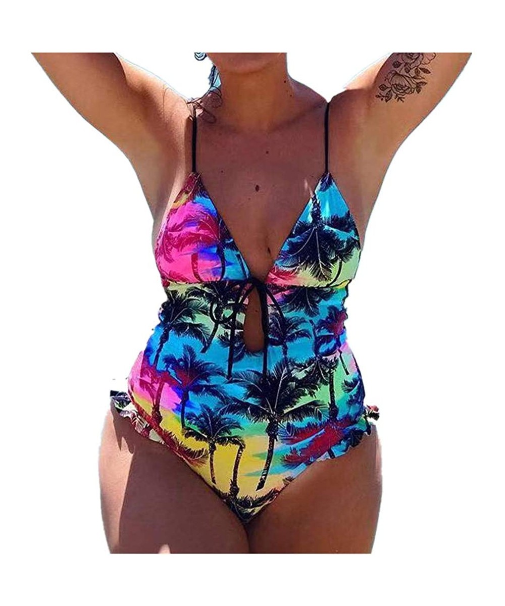 Women One Piece Swimsuit High Neck Plunge Mesh Ruched Monokini Swimwear - B-multicoloured - C81947N6U9W $15.93-Tankinis