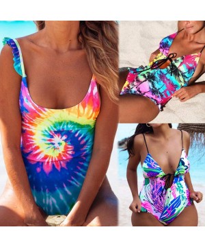 Women One Piece Swimsuit High Neck Plunge Mesh Ruched Monokini Swimwear - B-multicoloured - C81947N6U9W $15.93-Tankinis