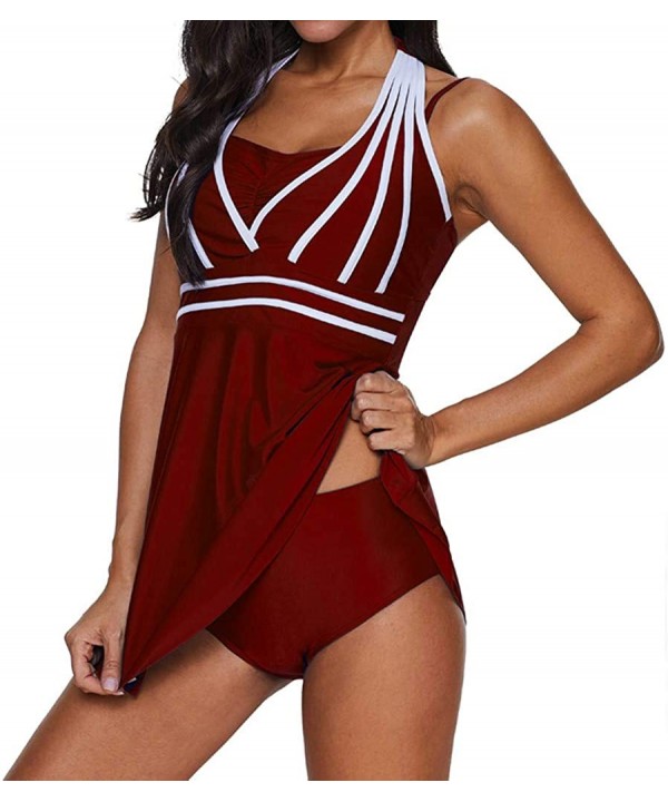 Womens Halter Swimdress Plus Size Two Piece Swimsuit Push Up Tankini Set S-5XL - Some Wine - CV194URA0GZ $24.32-Tops