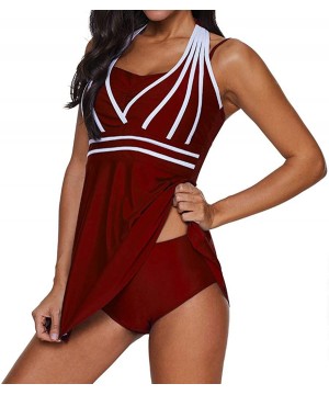 Womens Halter Swimdress Plus Size Two Piece Swimsuit Push Up Tankini Set S-5XL - Some Wine - CV194URA0GZ $24.32-Tops