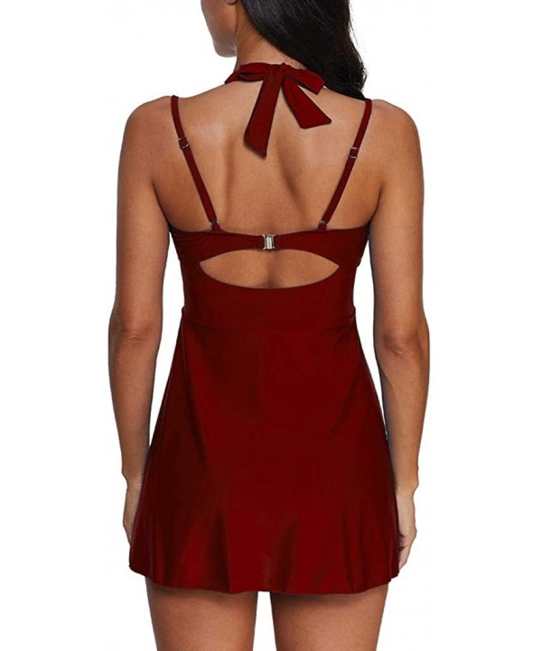 Womens Halter Swimdress Plus Size Two Piece Swimsuit Push Up Tankini Set S-5XL - Some Wine - CV194URA0GZ $24.32-Tops