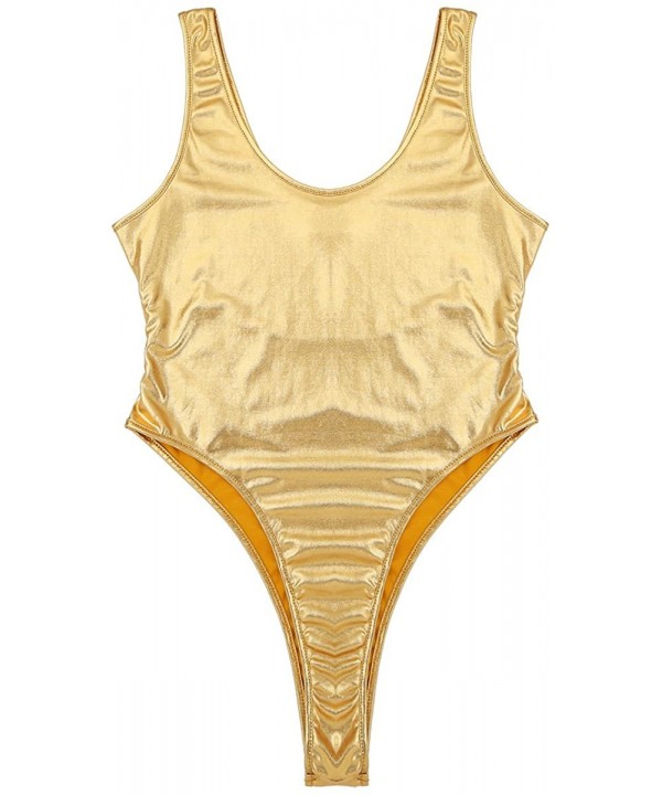 Women One-Piece Sleeveless High Cut Holographic Bodysuit Rave Baywatch Swimsuits Bathing Suits - Gold - CC18UAQHLGC $15.11-On...