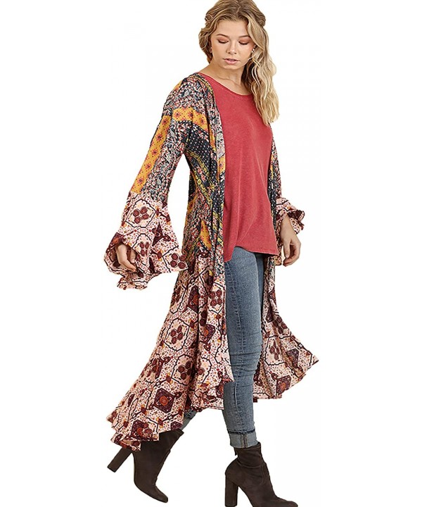 Womens Ruffled Long Body Kimono with a Multicolored Print - Berry Mix - CQ18I6TAWM2 $34.57-Cover-Ups